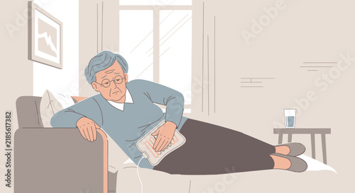 Elderly Person Feeling Discomfort Using A Hot Water Bottle For Relief