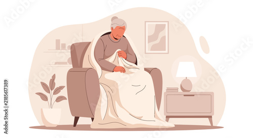 Elderly Person Feeling Cold Wrapped In Blanket At Home