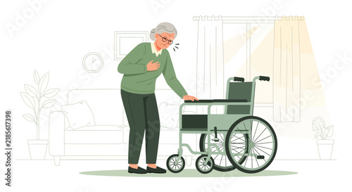 Elderly Person Experiencing Chest Pain Next To Wheelchair At Home
