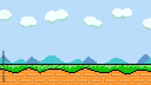 青空と山と草原のドット絵背景
