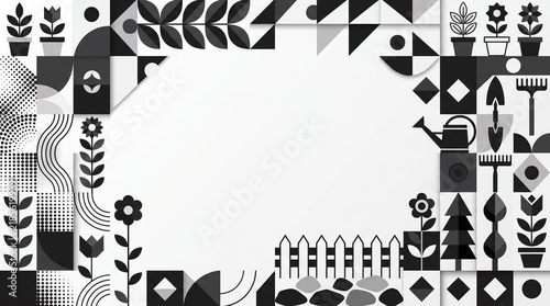 Abstract geometric garden border with plants flowers and tools in black and white style.