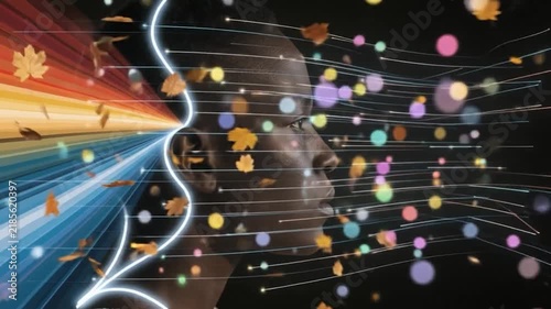 Profile of a person with digital data streams and glowing lines entering the head and exiting