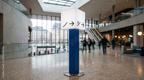 A directional sign with arrows stands in a modern, brightly lit airport or train station terminal with blurred pedestrians.