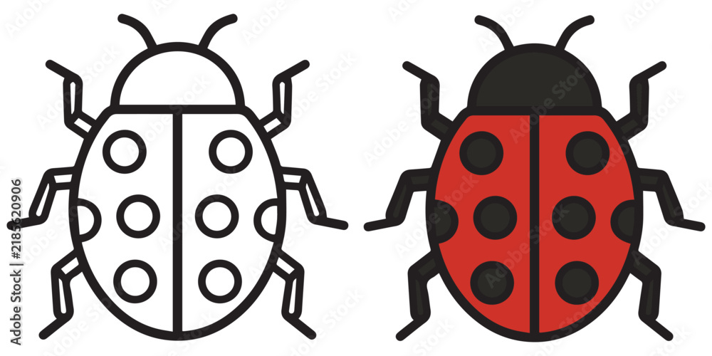 Fototapeta premium Ladybug Insect Line Icons, Flat Design Bug Symbols with White and Red Body Options, Top View