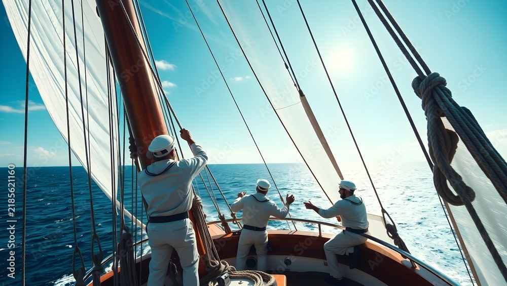 Fototapeta premium Group of sailors on sailboat deck celebrating successful voyage completion under bright blue sky on open sea water