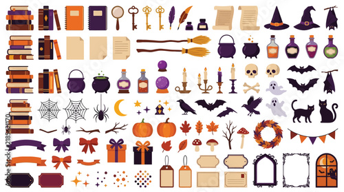 Halloween Magic Set, 40 Witch, Spells, Potion, Books, Pumpkin, Cat, Broom Vector Elements, Retro Autumn Texture Collection