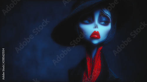 Stylized mysterious woman with pale face red lips and wide hat in dark moody lighting, fashion and gothic elegance concept