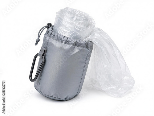 Folded translucent waterproof emergency rain poncho neatly rolled inside a compact ripstop nylon carry pouch with carabiner, isolated and centered product on pure white background.