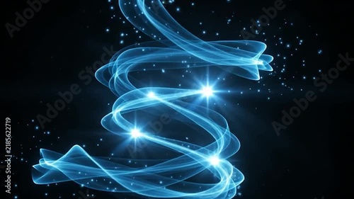 Abstract glowing blue light trails with sparkles on black background