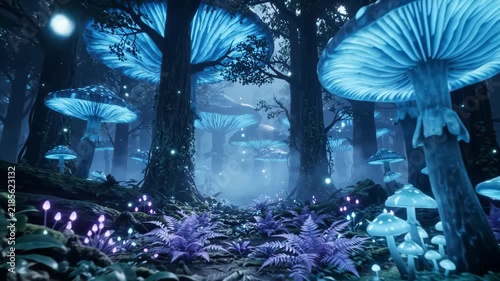 Forest Fantasy Mushrooms in Mystical Night Scene Illustrating Glowing Fungi in Enchanted Woods