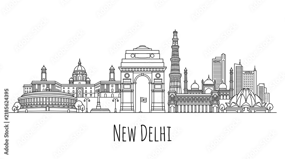 Obraz premium New Delhi Skyline: India Gate, Qutub Minar, Lotus Temple - Line Art