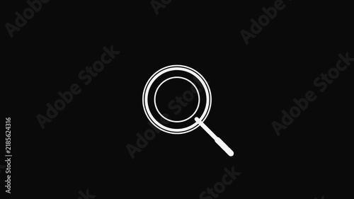 Minimalist white line art circular magnifier icon representing search functionality and data discovery on a simple solid black background