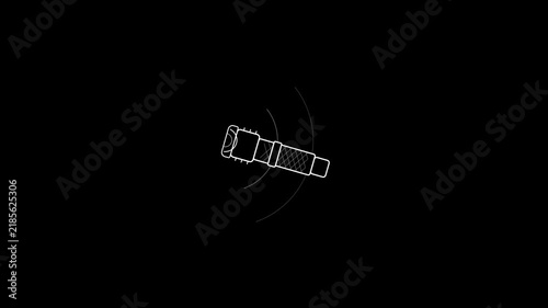 Minimalist white line icon of a tactical flashlight emitting light rays on a black background