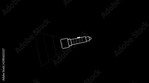 Minimalist White Outline Illustration of a Portable Handheld Flashlight Projecting a Beam of Light Against a Solid Black Background