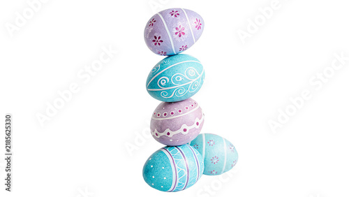Cuadro en lienzo Vertical stack row of colorful painted pastel Easter eggs seasonal holiday decor