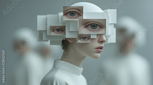Surreal Portrait with Multiple Eyes Collage Fragmented Identity Concept Minimal Futuristic Aesthetic