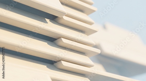 Modern architectural facade with geometric white concrete layers and soft sunlight shadows.