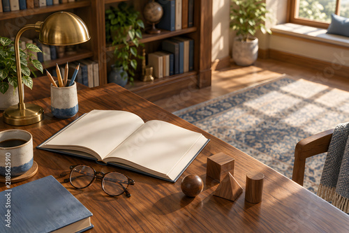 A Quiet Study Corner: An open book rests on a wooden desk bathed in sunlight, surrounded by books, a lamp, and geometric models, creating an inviting atmosphere for learning and reflection.