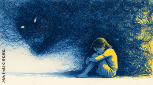 Child Sitting in Shadow of Dark Abstract Monster Representing Anxiety Fear Trauma and Inner Demons Mental Health Concept Illustration