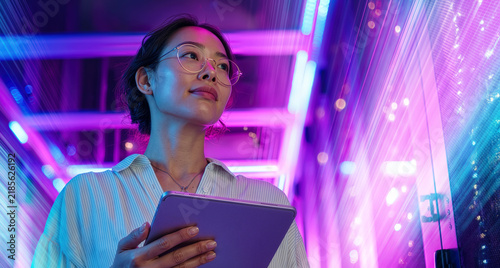 Asian Data Center Professional Monitoring Servers With Tablet in Pink Blue Neon Light
