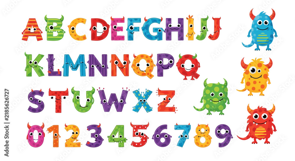 Fototapeta premium Cute Monster Alphabet & Numbers: Fun Characters for Kids Learning