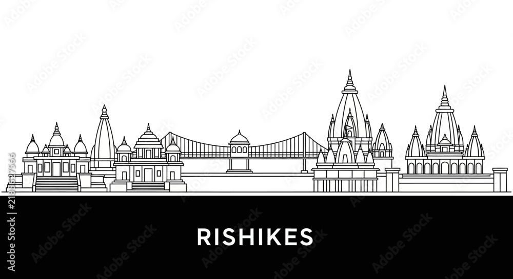 Obraz premium Rishikesh India Skyline - Landmark Buildings and Ganges River Bridge Outline