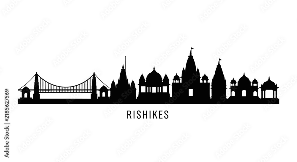 Fototapeta premium Rishikesh India Skyline Silhouette - Temples and Bridge - Vector