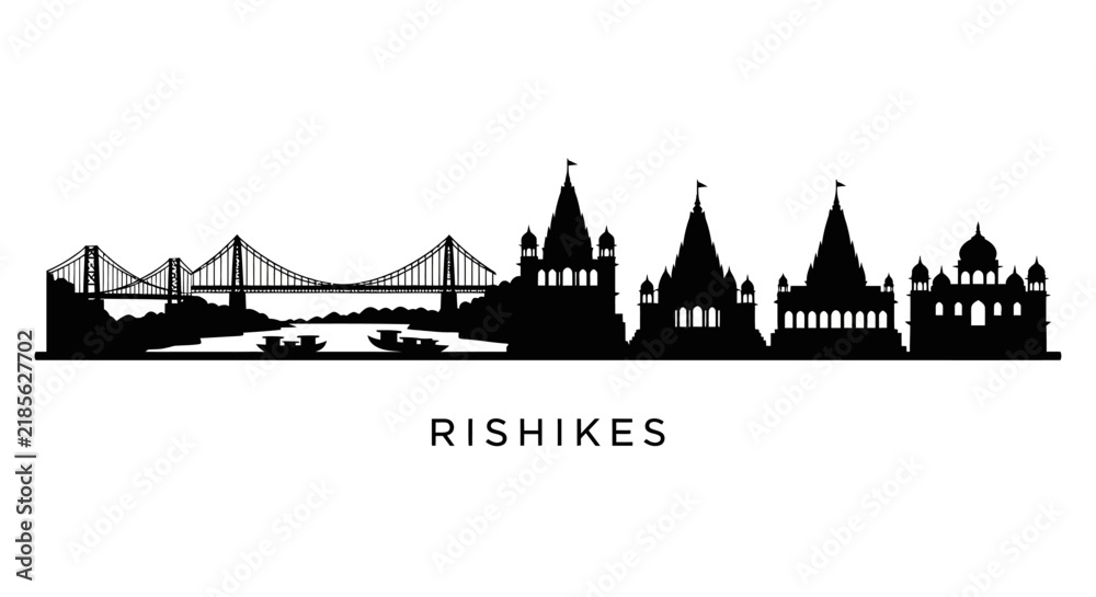 Obraz premium Rishikesh Skyline Silhouette - Uttarakhand India - Ganga Bridge - Temples