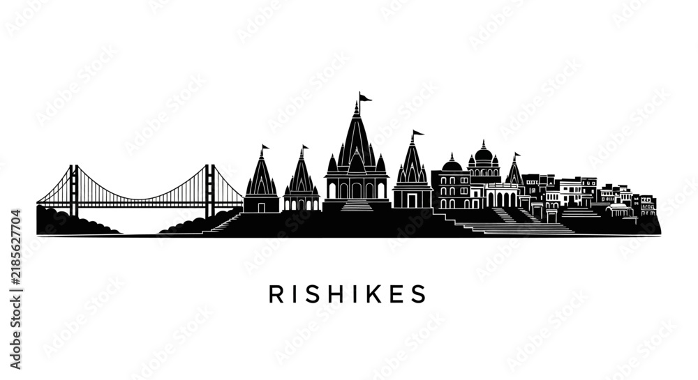 Obraz premium Rishikesh Skyline Silhouette, India - Bridge & Temples Vector Art