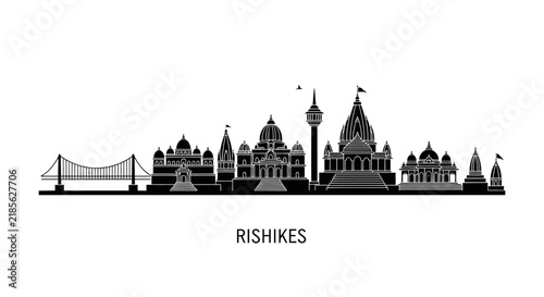 Rishikesh skyline silhouette with iconic temples and a bridge, India, vector illustration