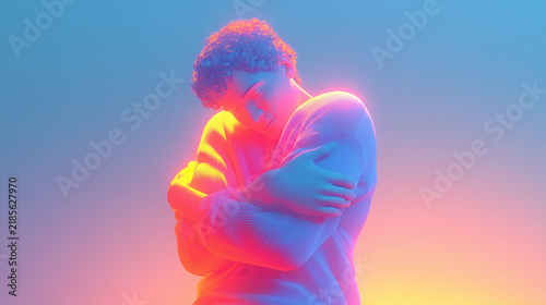 Neon Silhouette of Person Embracing Themselves in Glowing Gradient Light Representing Self Love Mental Health and Emotional Wellness