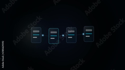 abstract digital animation featuring connected data cards and glowing nodes flowing sequentially across a dark background, representing a software process, workflow, or system architecture.