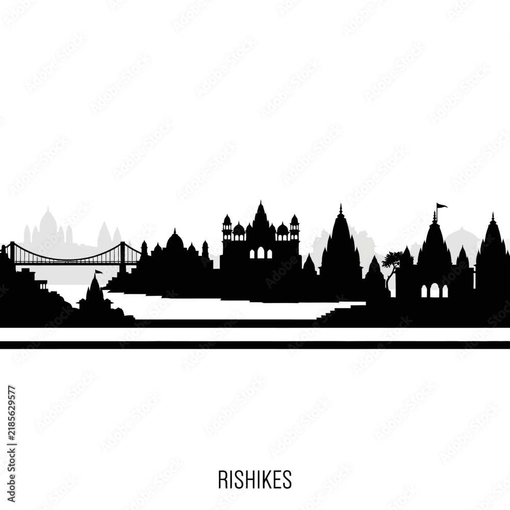 Fototapeta premium Rishikesh Cityscape Silhouette: Temples, Bridge, and Ganges River Landmark View