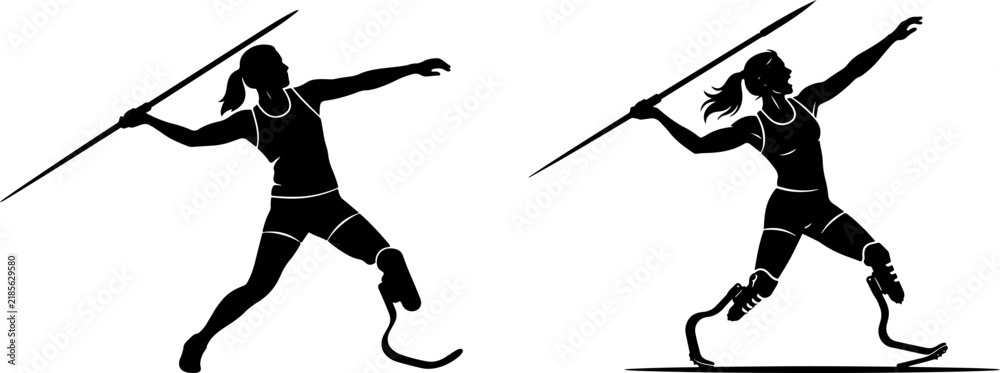 Fototapeta premium Prosthetic limb athlete silhouette, adaptive athlete throwing a javelin with prosthetic leg firmly planted.