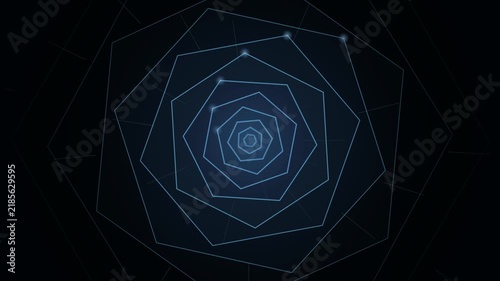abstract digital animation featuring nested blue geometric polygons rotating and glowing against a dark background, creating a futuristic tunnel effect.