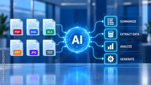 Naklejka AI processing various file types for analysis and generation