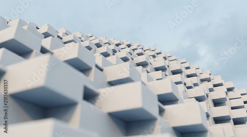 Abstract 3D white cubes background, geometric architectural structure pattern.