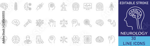 Neurology and human central nervous system medical healthcare line icon set. Vector symbols for human brain hemispheres, nerve neuron cell synapse, spine spinal cord, headache migraine pain, and neuro