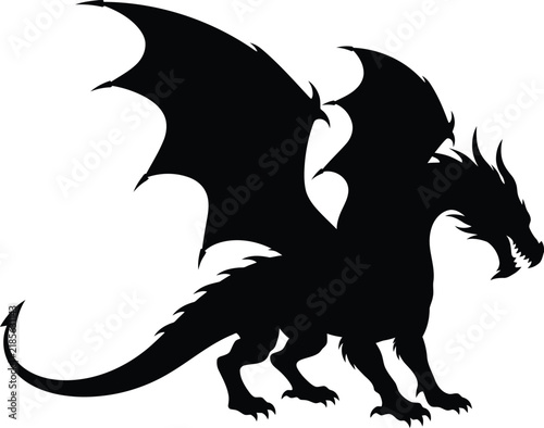 Black silhouette of a majestic fantasy dragon with large wings standing on a plain white background