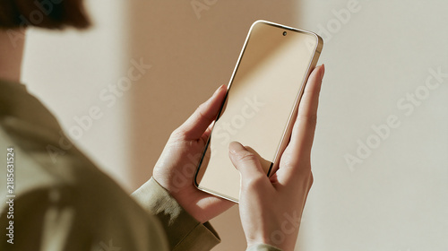 Close Up of Person Using Smartphone with Blank Screen Mockup in Warm Natural Light