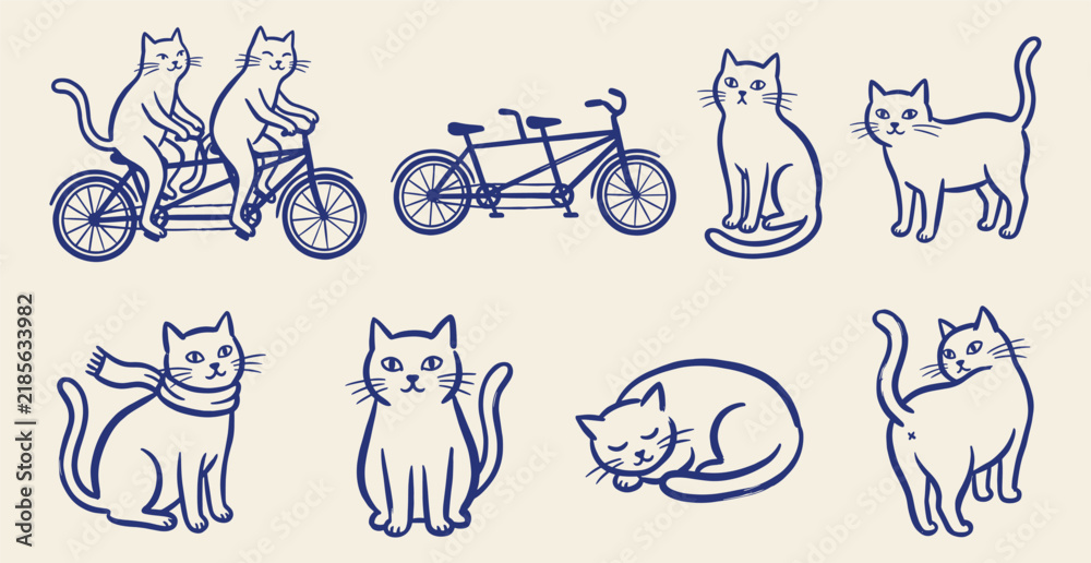 Fototapeta premium Hand drawn blue line art vector set of cute cats, bicycle, and sleeping kitty on beige background