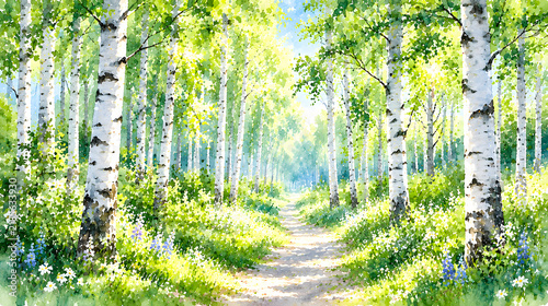 新緑と木漏れ日に包まれた白樺林の小道を描いた爽やかな夏の水彩風景