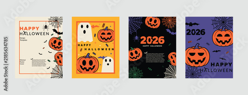 Happy Halloween Poster Cover Design Template Set with Pumpkins, Ghosts, Bats, and Spider Webs