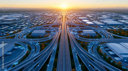 Modern Highway Interchange Connecting Industrial Logistics Hub at Sunrise with Advanced Transportation Infrastructure