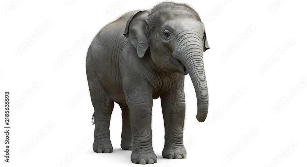 Fototapeta premium Young Baby Elephant Standing in White Background with Grey Skin and Large Ears