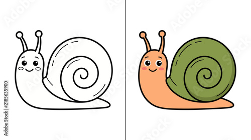 Vector line art of cute cartoon snail character coloring book page set