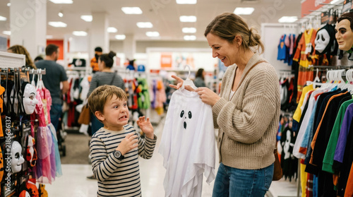 Mother Holding a ghost Halloween Costume for Her Son in a Clothing Store