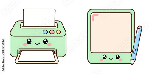 Cute green printer and notebook with blank paper, surrounded by playful pastel design and writing pen