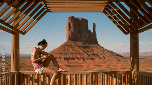 Young Woman Using Smartphone at Desert Viewpoint Framed by Wooden Pavilion with Iconic Sandstone Butte