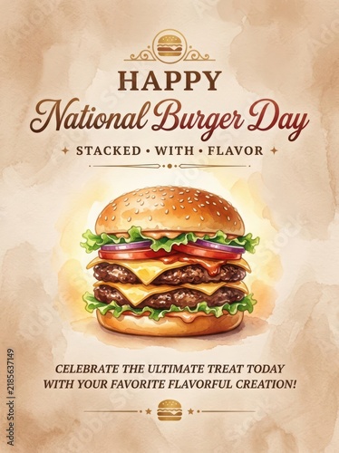 Happy National Burger Day celebration with flavorful stacked burger illustration